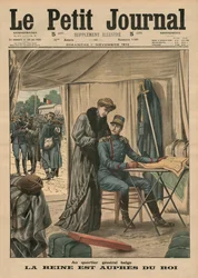 W belgijskiej centrali królowa przebywa z królem, ilustracja na okładce z „Le Petit Journal”, dodatek illustre, 1 listopada 1914